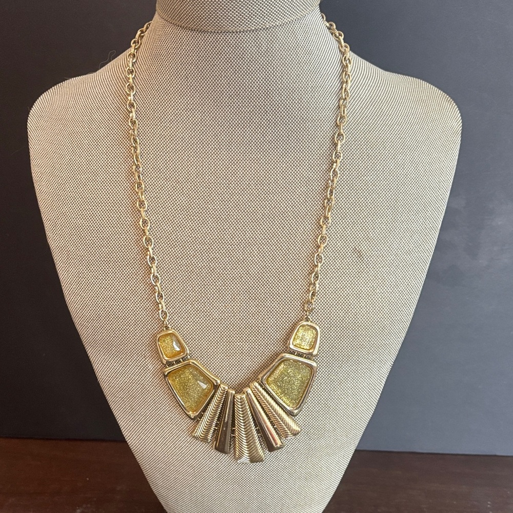 Gold tone geometric fan plate bib statement necklace Cleopatra inspired